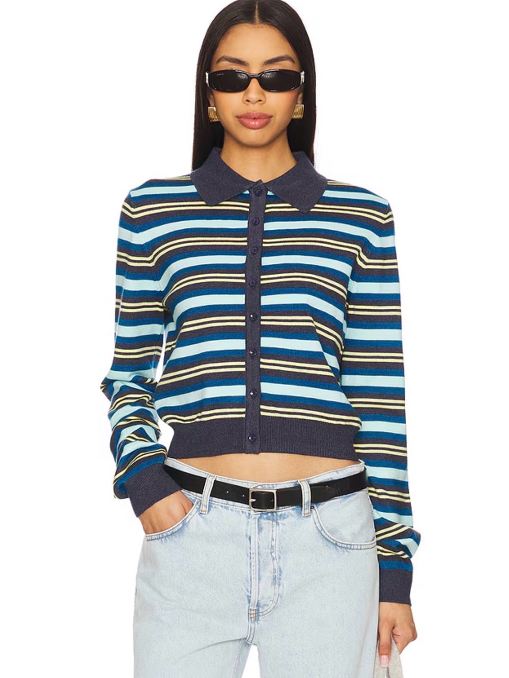 Revolve Lioness Awakening Cardigan size M navy blue yellow striped y2k